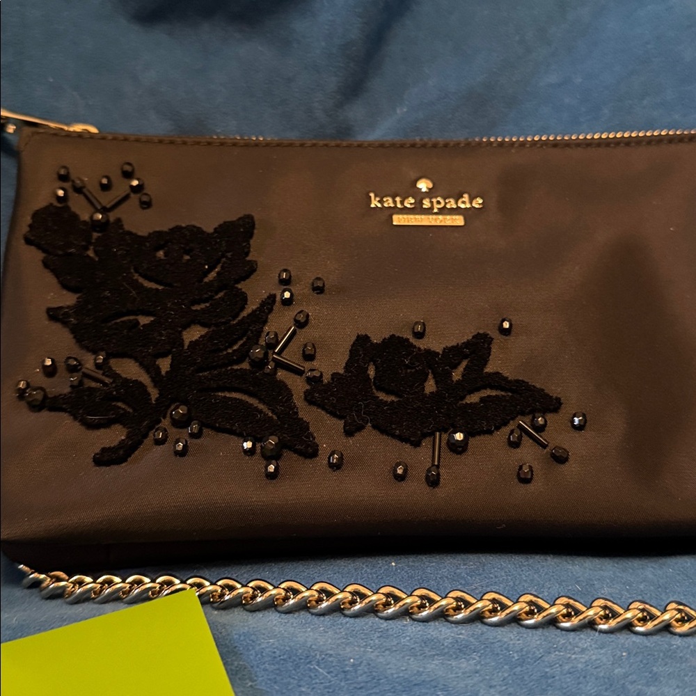 NWT Kate Spade Black Floral Clutch Bag with long strap (removable) and beed work